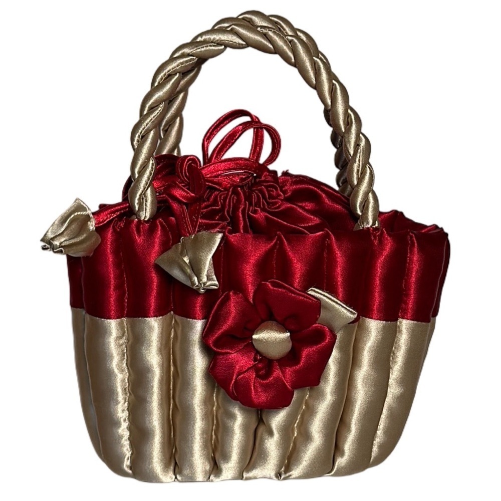 80s SATIN FLOWER BASKET cupcake purse twisted handle tie top bridal flower girl